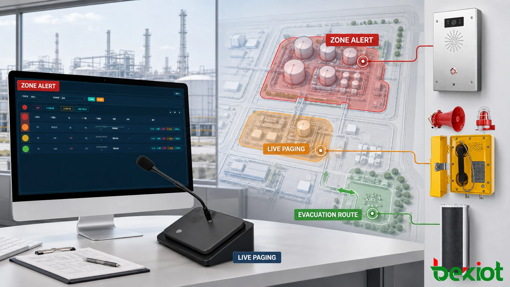 Sala de controle industrial selecionando zonas de transmissão de emergência, mensagens e prioridades para um alarme de gás em um parque de tanques