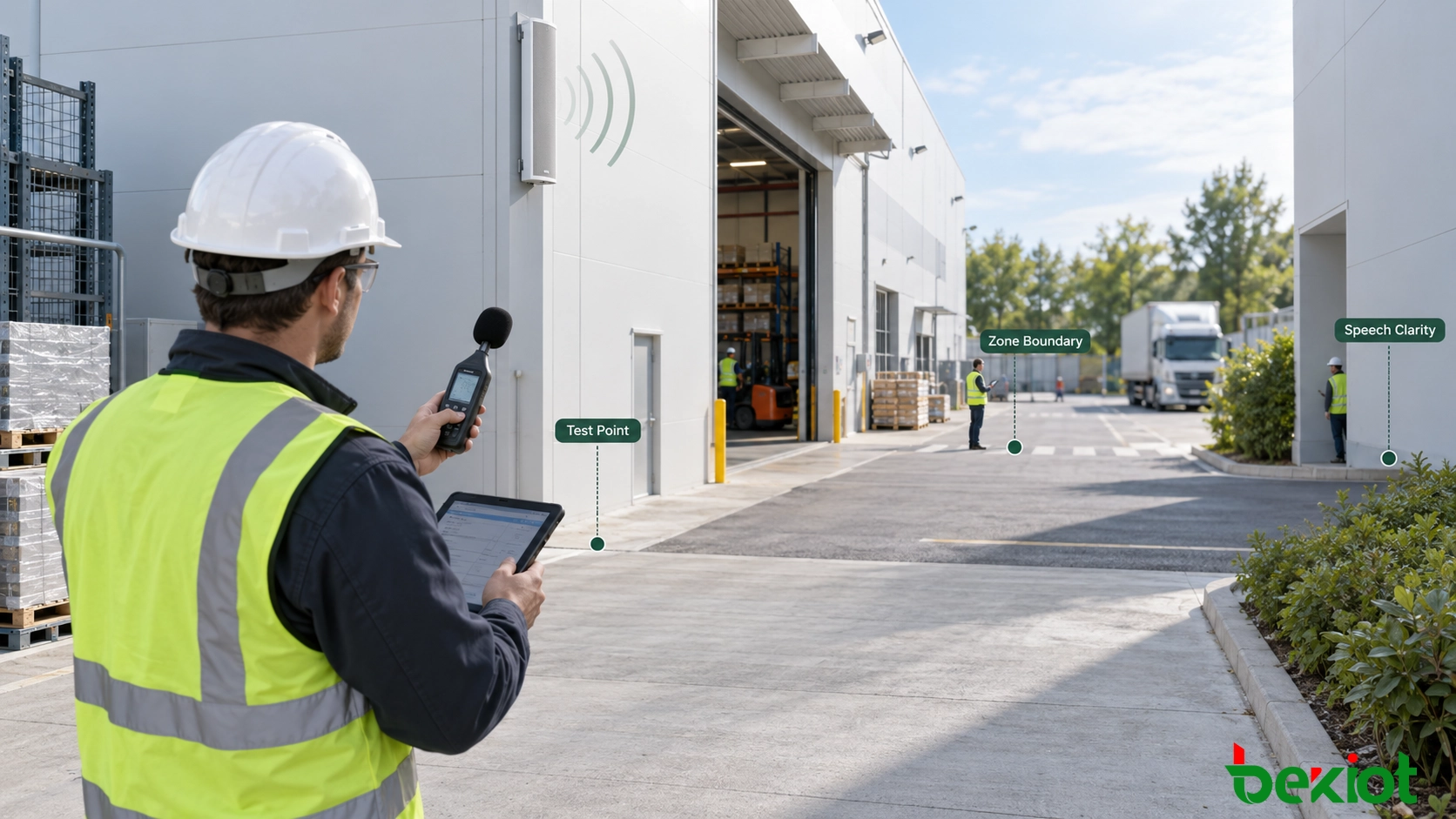 Teste de inteligibilidade da fala no local e cobertura externa para alto-falantes coluna SIP
