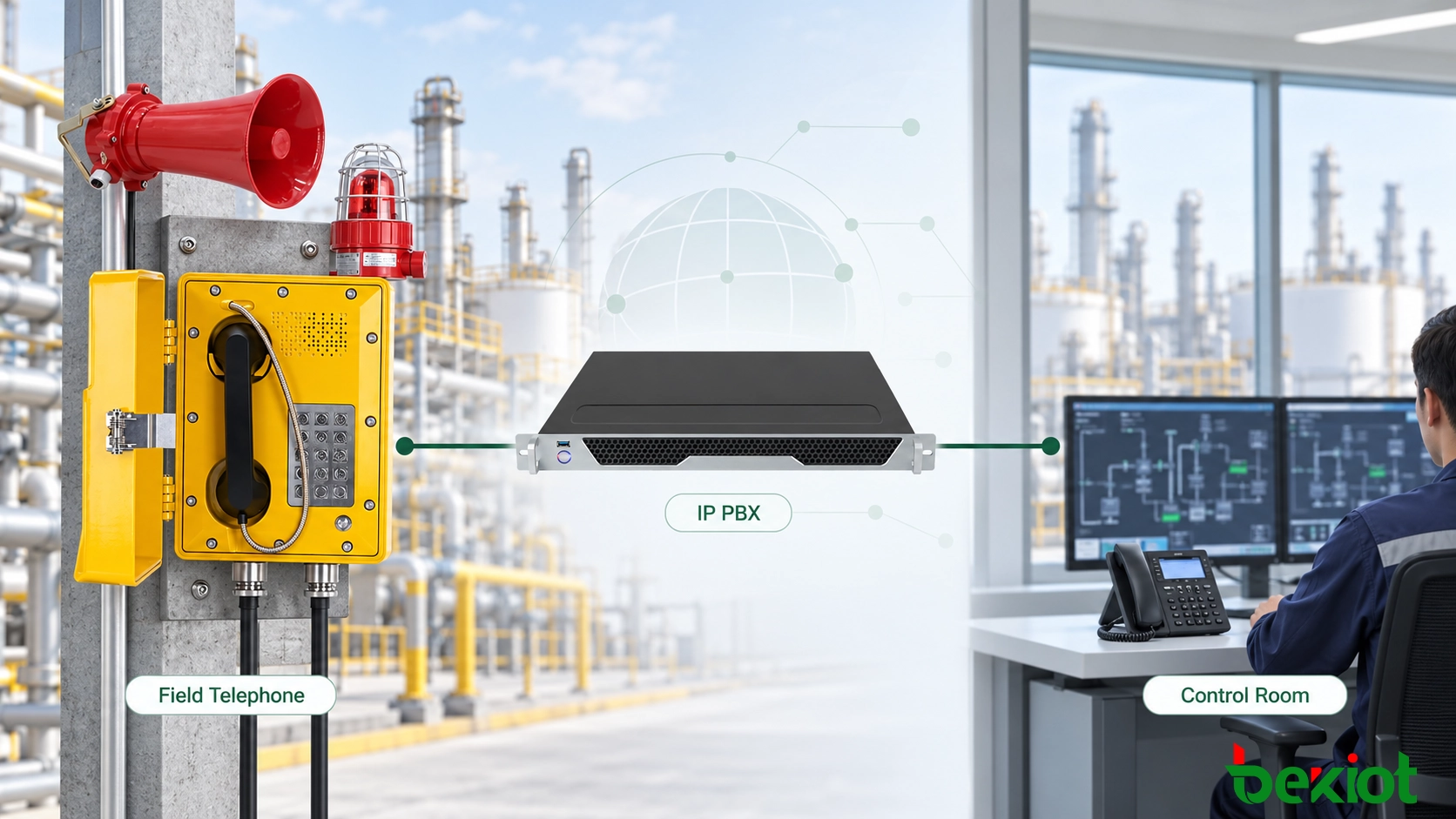 Telefones à prova de explosão conectados a um IP PBX para chamadas de ramal e comunicação com a sala de controle