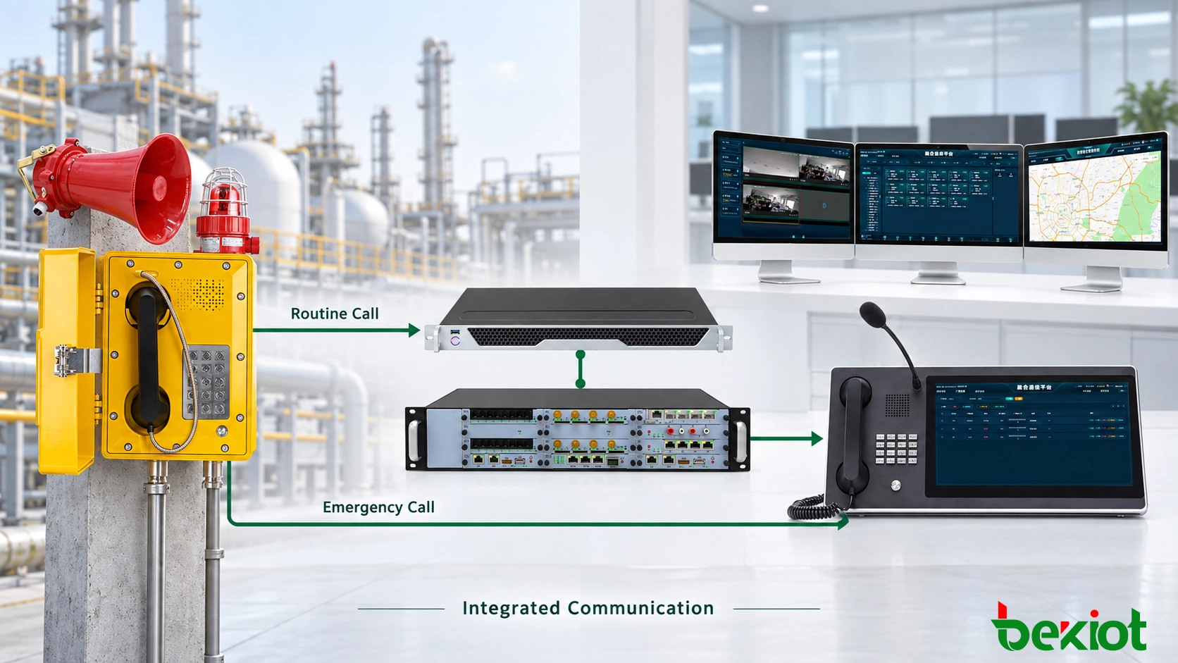 Arquitetura integrada de IP PBX e despacho para telefones à prova de explosão em uma instalação industrial