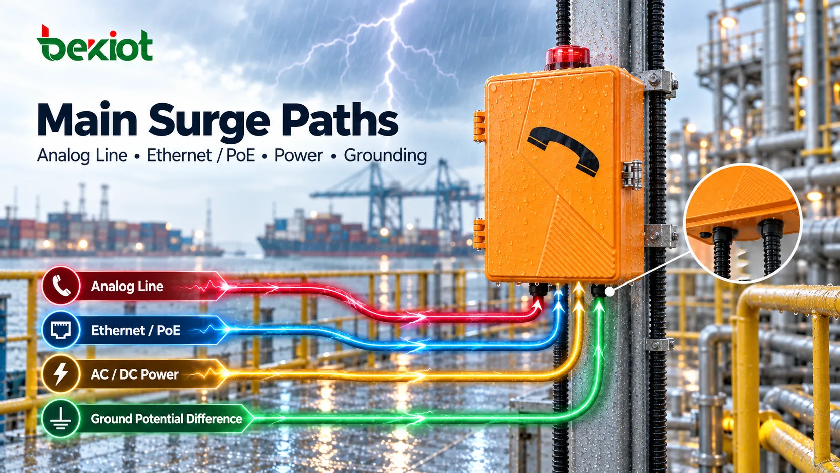 Principais caminhos de surtos induzidos por raios até um telefone industrial externo por linhas analógicas, Ethernet ou PoE, alimentação e aterramento