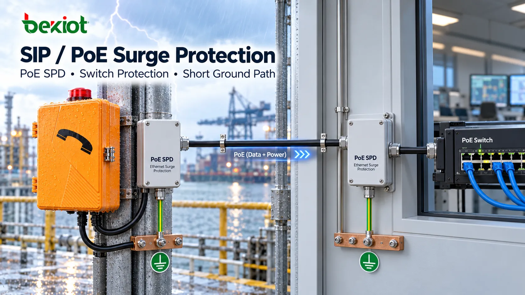 Proteção contra surtos PoE e aterramento de um telefone industrial SIP externo conectado a um switch Ethernet