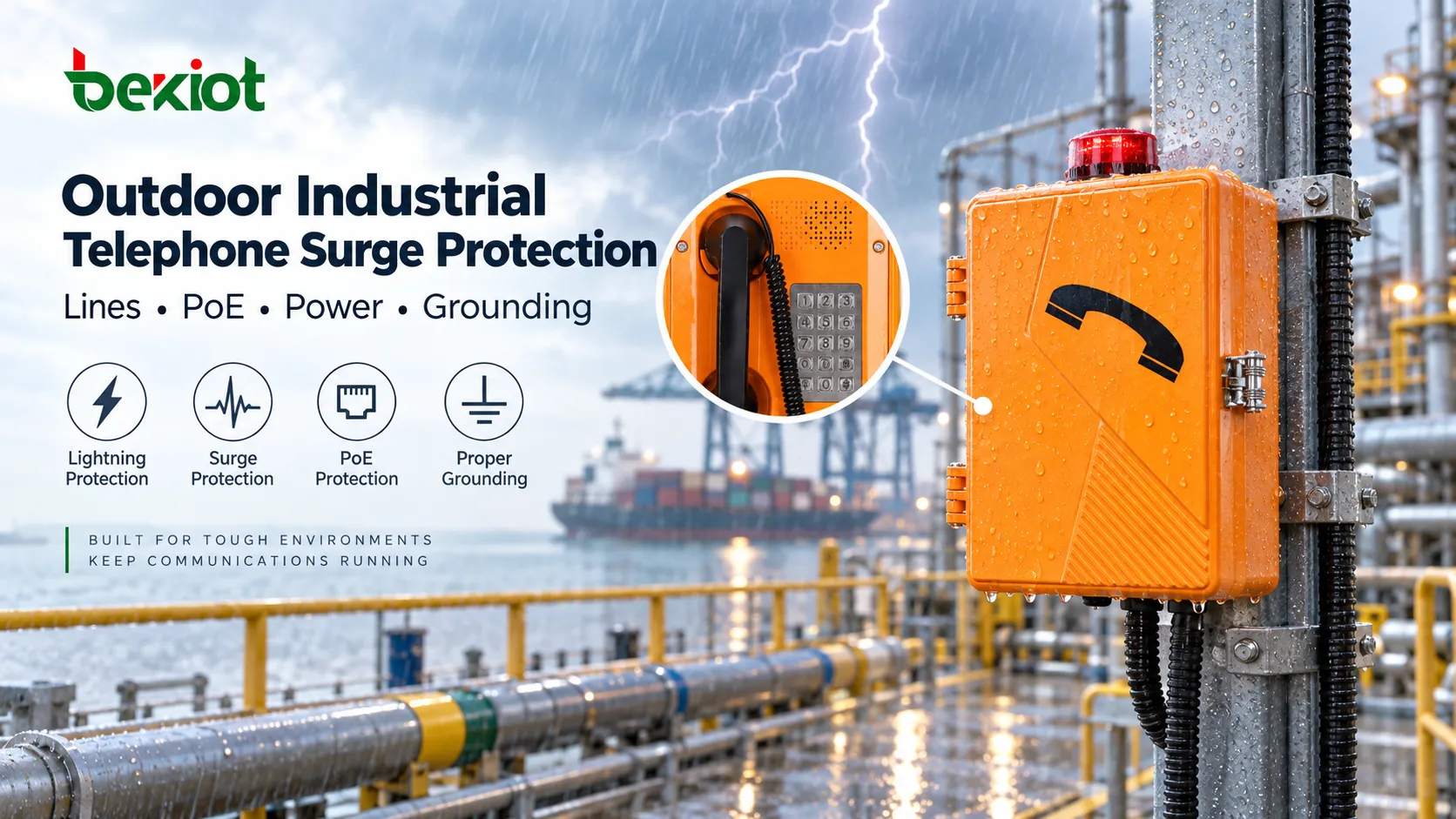 Como os telefones industriais externos devem ser protegidos contra raios e surtos?