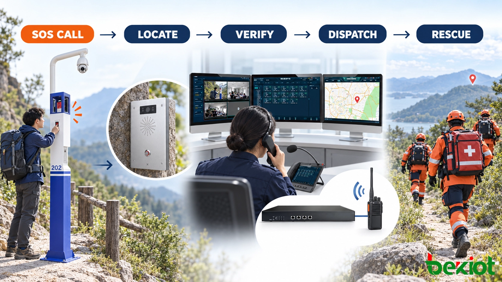 Fluxo de resposta a SOS de visitantes com identificação no mapa, verificação por vídeo e despacho de resgate em campo