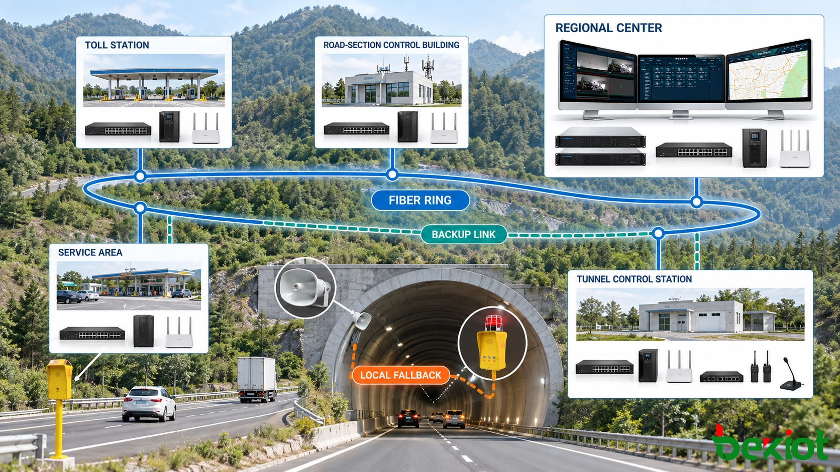 Rede de comunicação rodoviária resiliente conectando seções remotas, túneis, postos de pedágio e centros de comando regionais