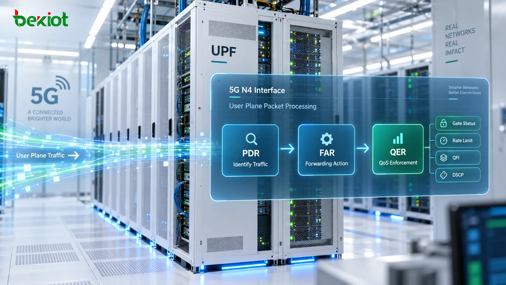 Processamento de pacotes na interface N4: a UPF usa PDR para identificar o tráfego, FAR para determinar o encaminhamento e QER para aplicar gating, limites de taxa e política de QoS