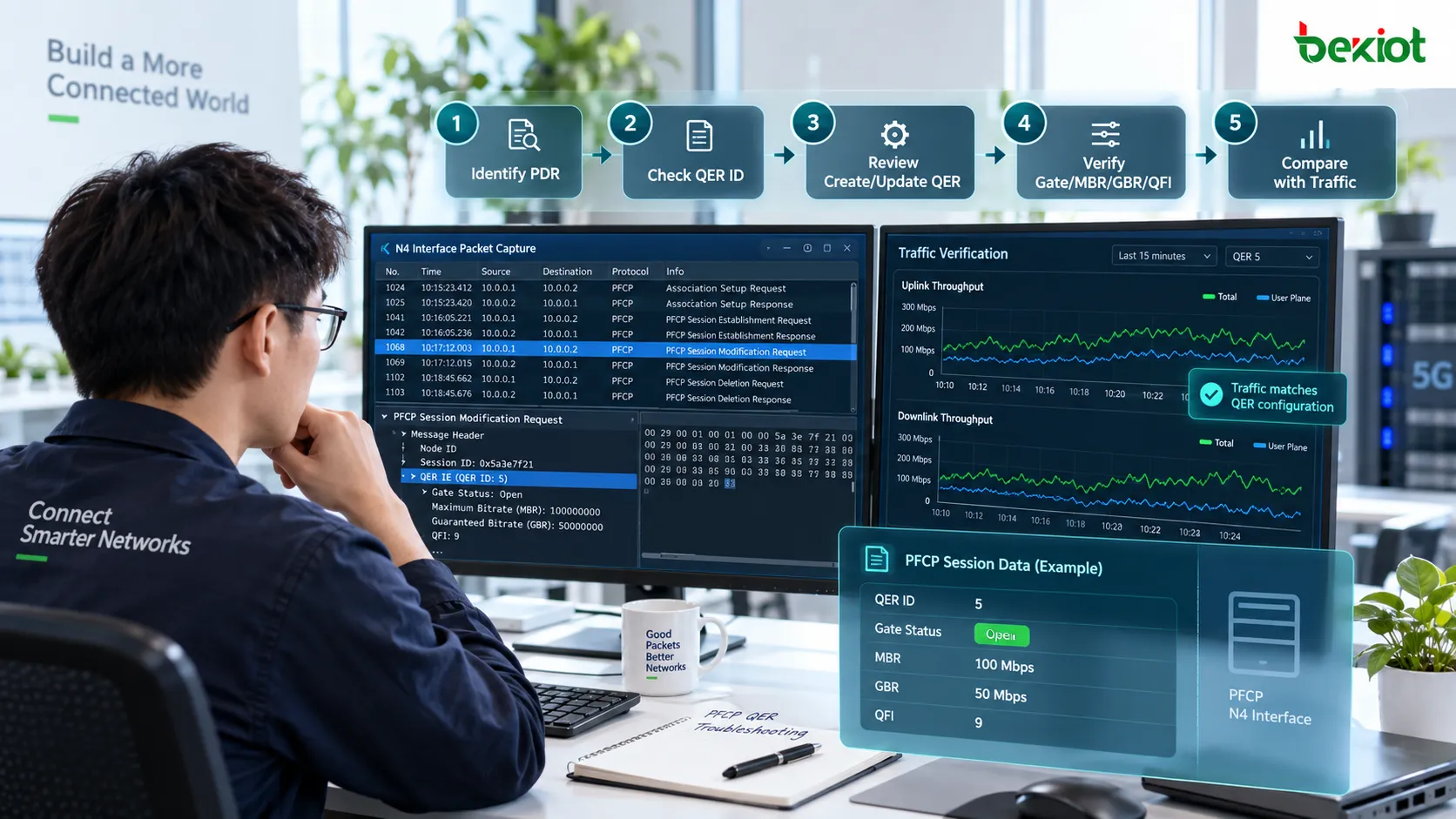 Fluxo de diagnóstico PFCP que rastreia o QER ID referenciado por uma PDR, verifica Create/Update QER, Gate Status, MBR, GBR e QFI e compara tudo com o tráfego real do plano de usuário