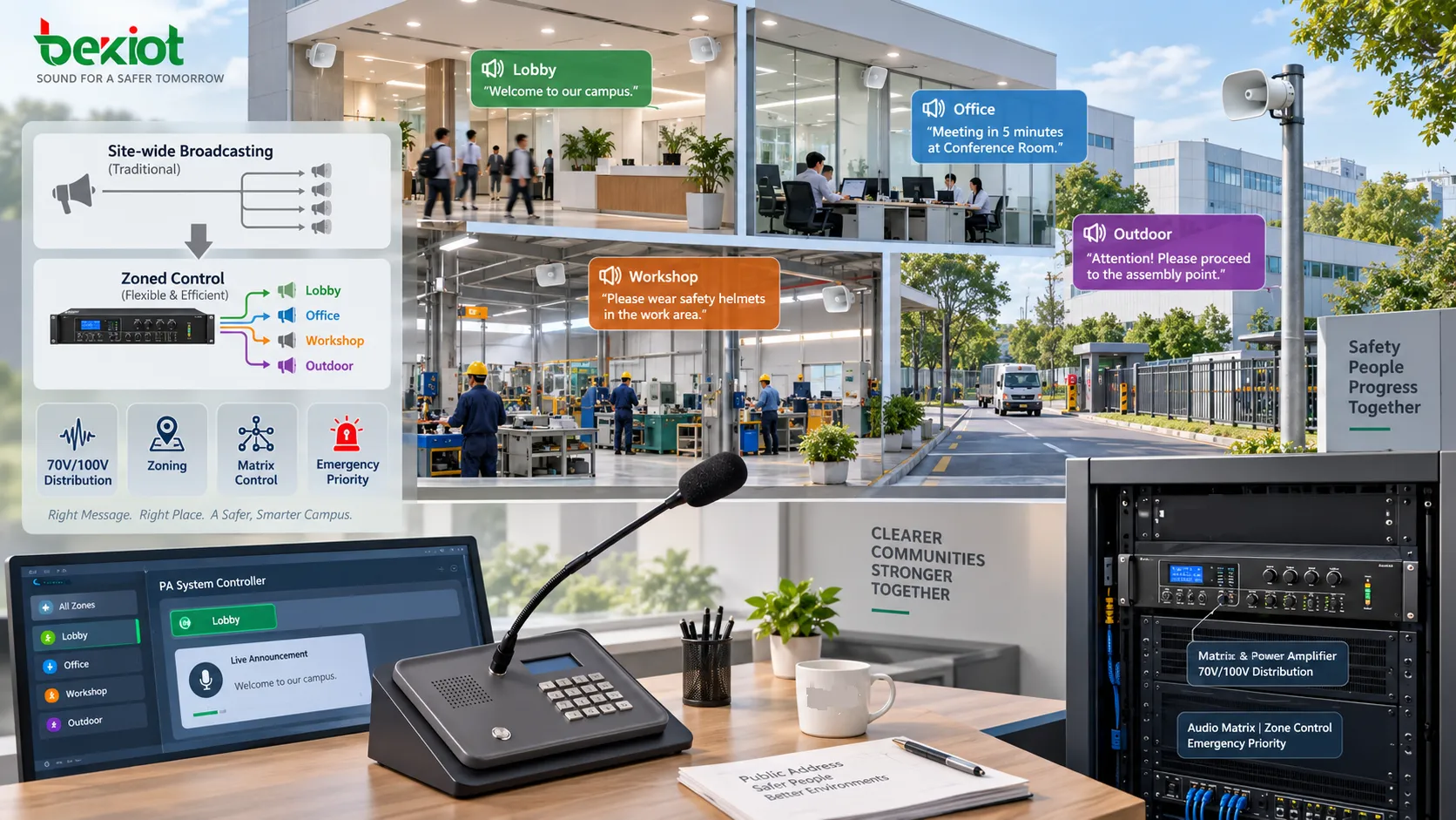 Evolução dos sistemas de sonorização da distribuição em tensão constante 70 V/100 V para zoneamento, matrizes de áudio, amplificação multicanal e áreas separadas de alto-falantes
