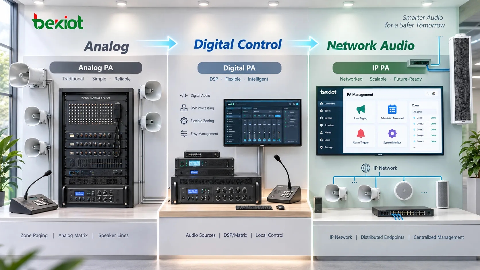 Comparação da evolução da sonorização, de matrizes analógicas e amplificadores centralizados de 100 V até controle DSP digital, servidores PA, redes Ethernet e terminais de áudio IP distribuídos