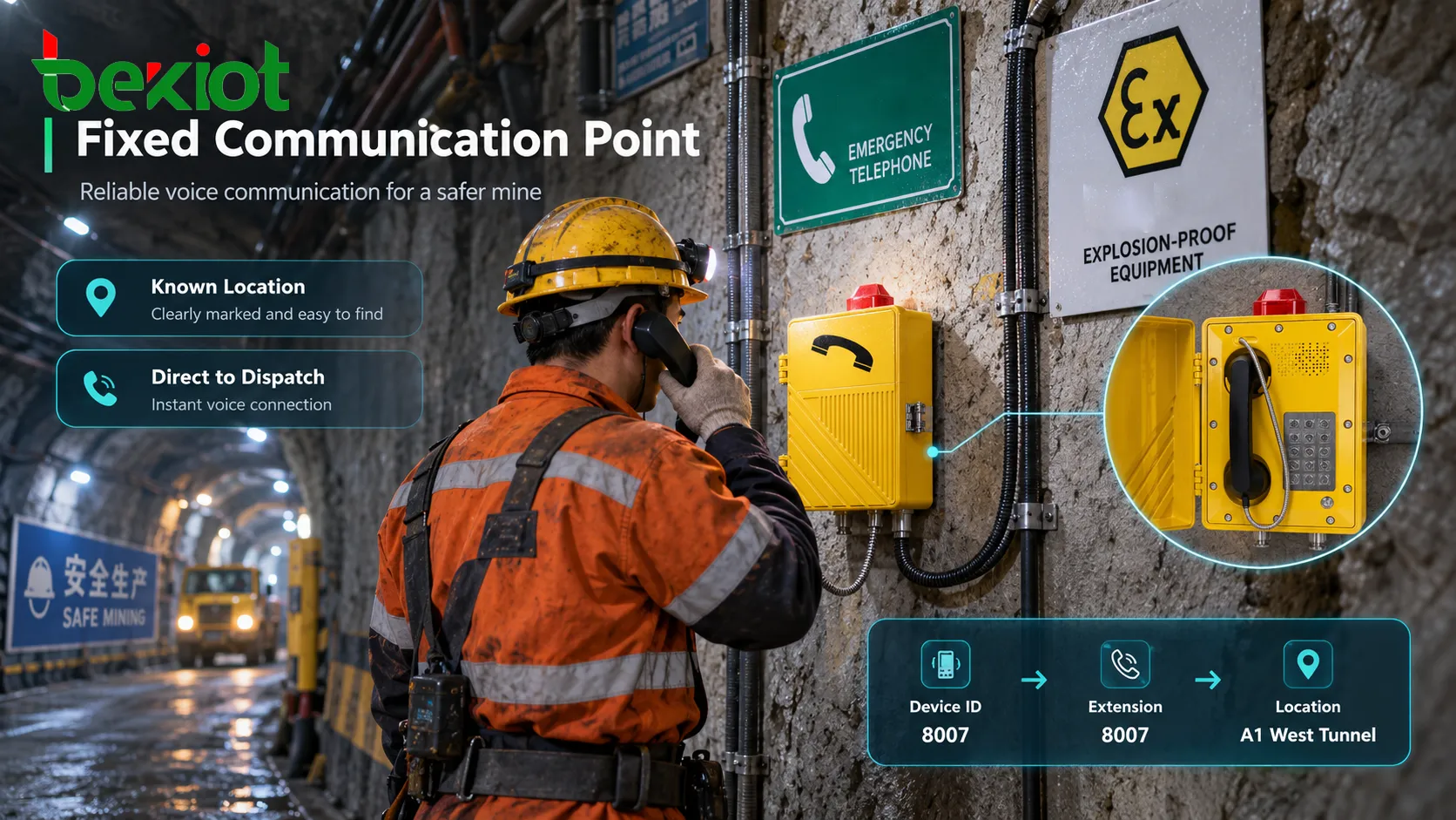 Telefone à prova de explosão para mineração usado como ponto fixo de comunicação de segurança subterrâneo com associação de localização, caminho de comunicação resiliente e acesso direto ao centro de despacho na superfície