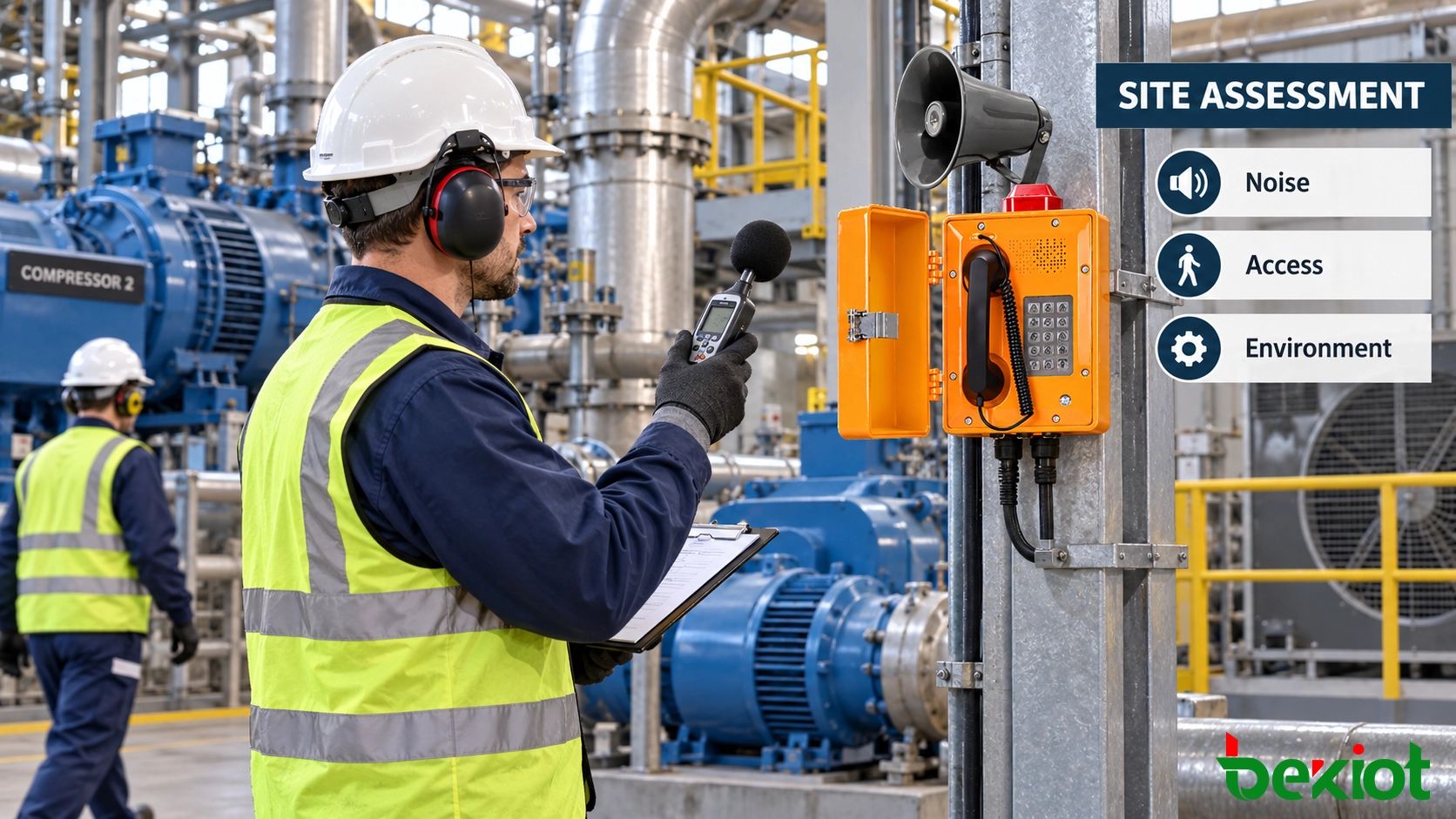 Engenheiro medindo o ruído ambiente e avaliando um ponto de instalação de telefone industrial