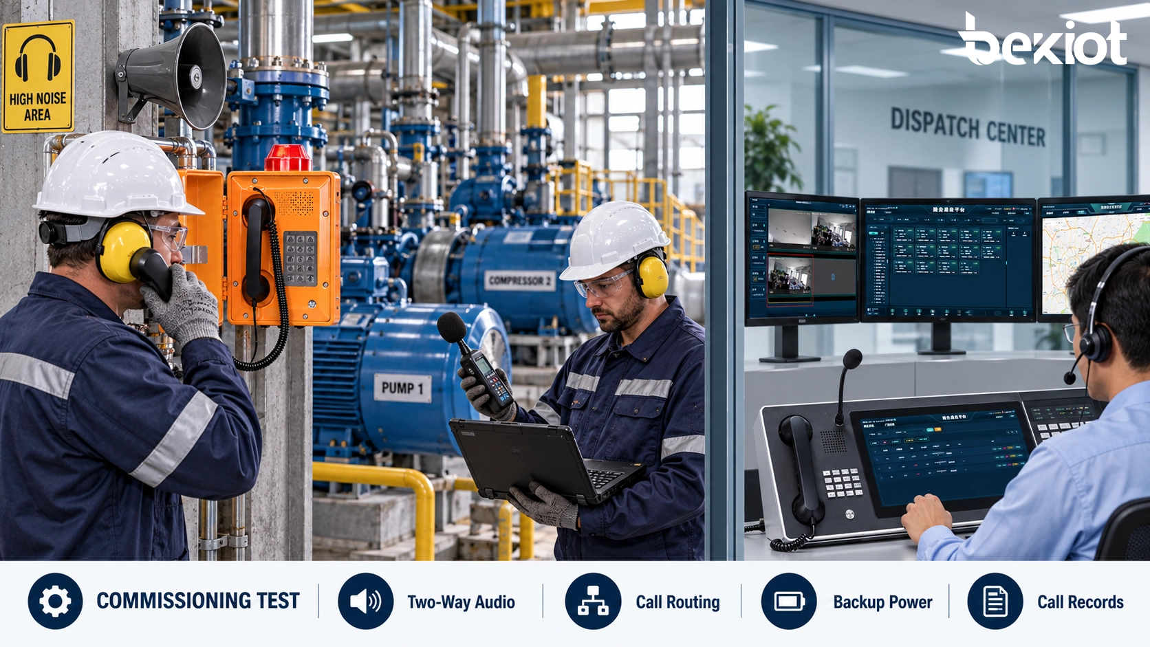 Técnicos comissionando um telefone industrial durante a operação das máquinas