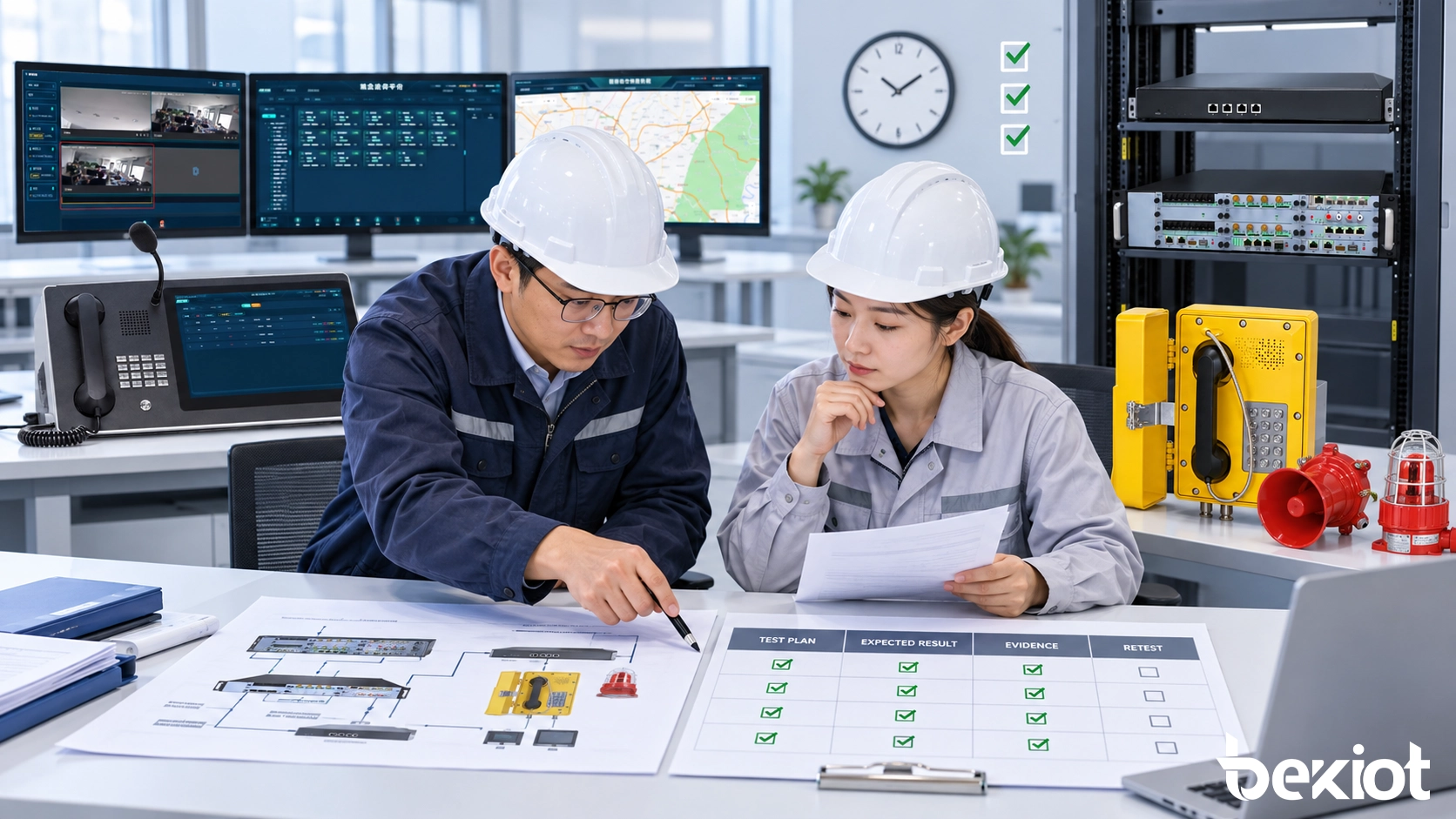 Engenheiros revisando um plano de teste de aceitação de sistema de comando e despacho de emergência