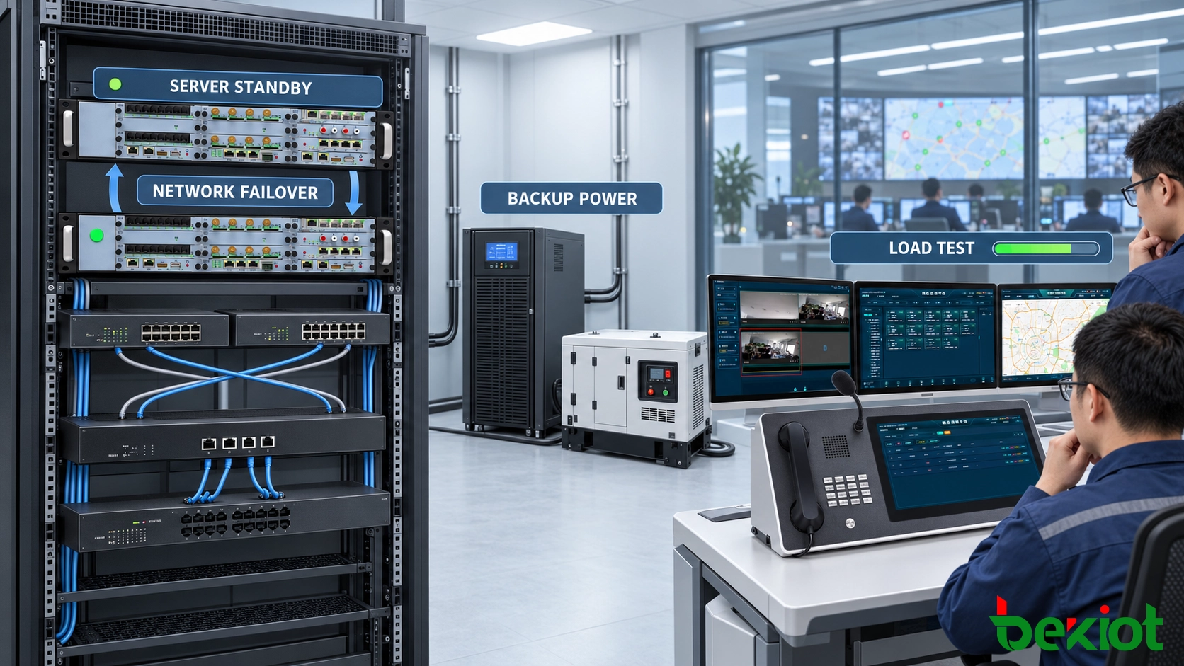Engenheiros testando failover de servidor, rede e energia em um sistema de emergência