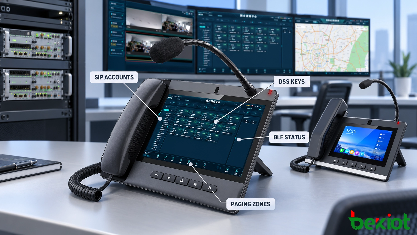Interface do telefone de despacho com contas SIP, teclas DSS, monitoramento BLF e zonas de paginação