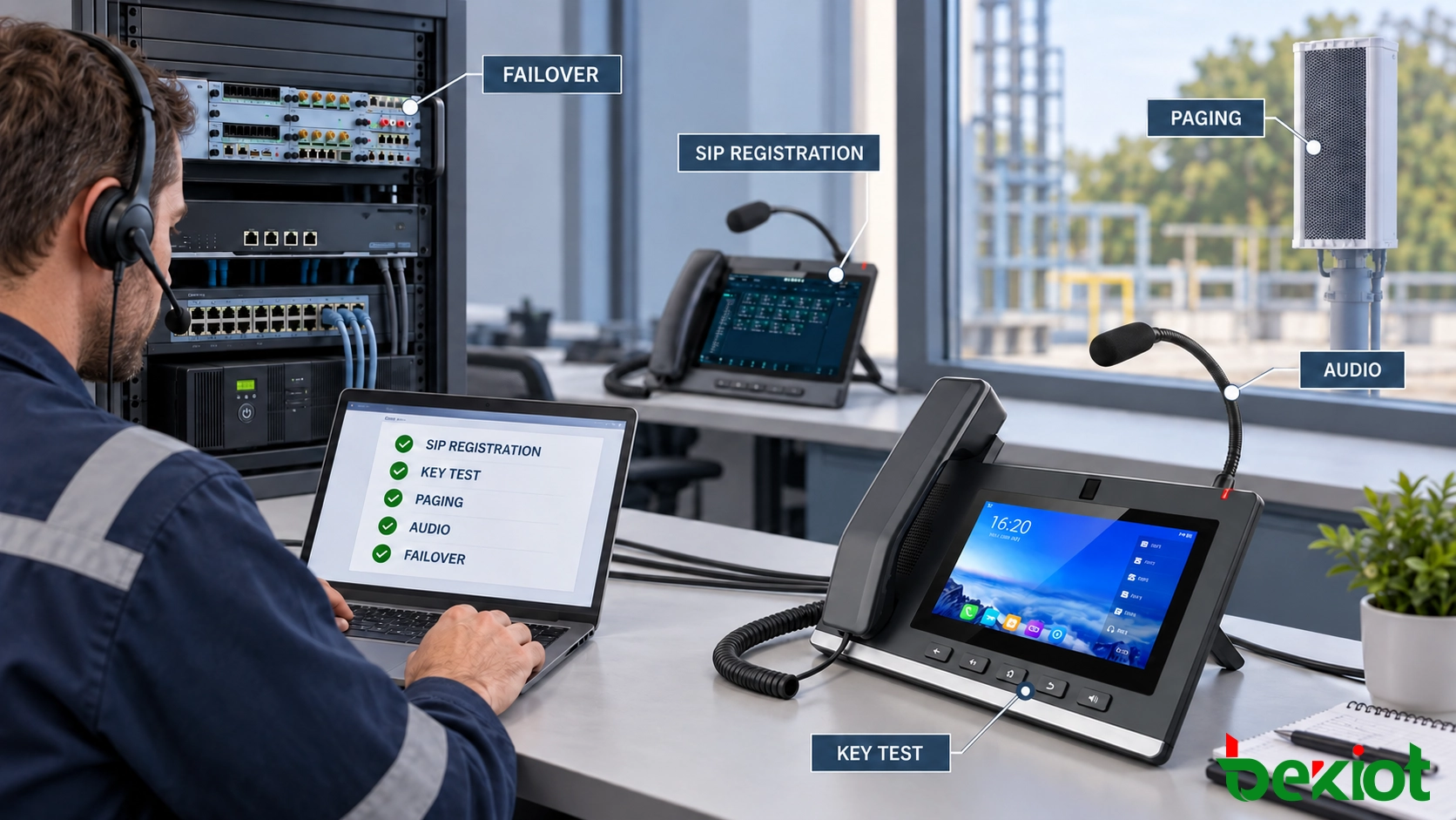 Técnico testando registro SIP, teclas programáveis, paginação e áudio em um telefone de despacho