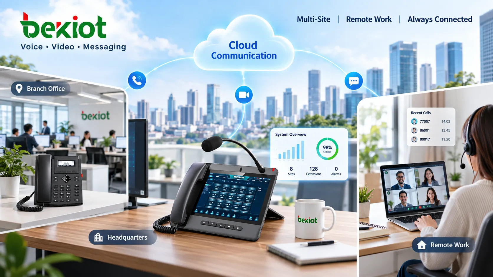 Comunicações empresariais migrando de linhas PSTN fixas e telefones de mesa para uma plataforma VoIP que gerencia de forma centralizada números corporativos, telefones SIP, computadores e dispositivos móveis