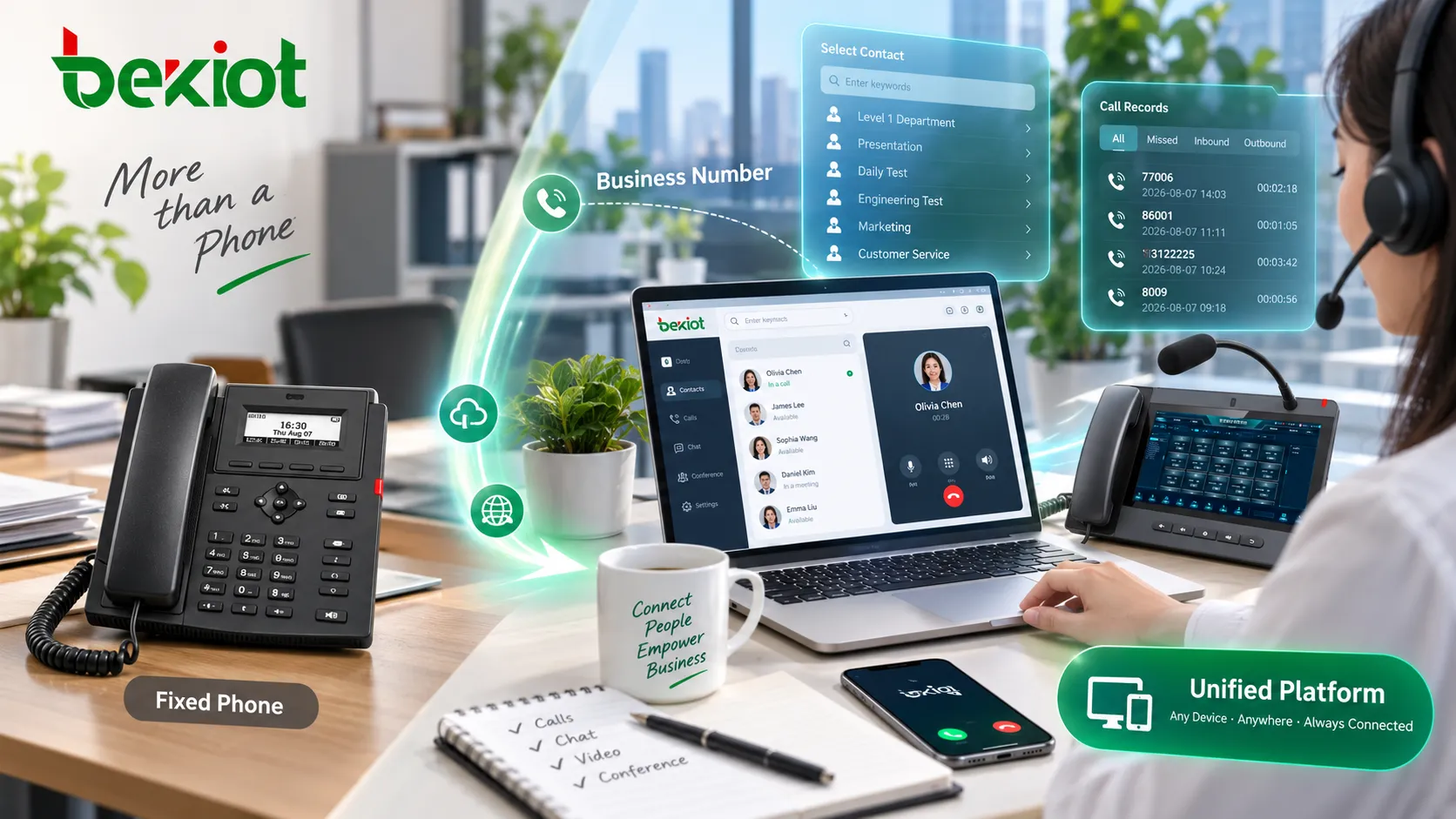 Um único número empresarial usado em um telefone SIP de mesa, notebook e celular, enquanto chamadas de voz, videoconferências e mensagens são integradas em uma plataforma VoIP unificada