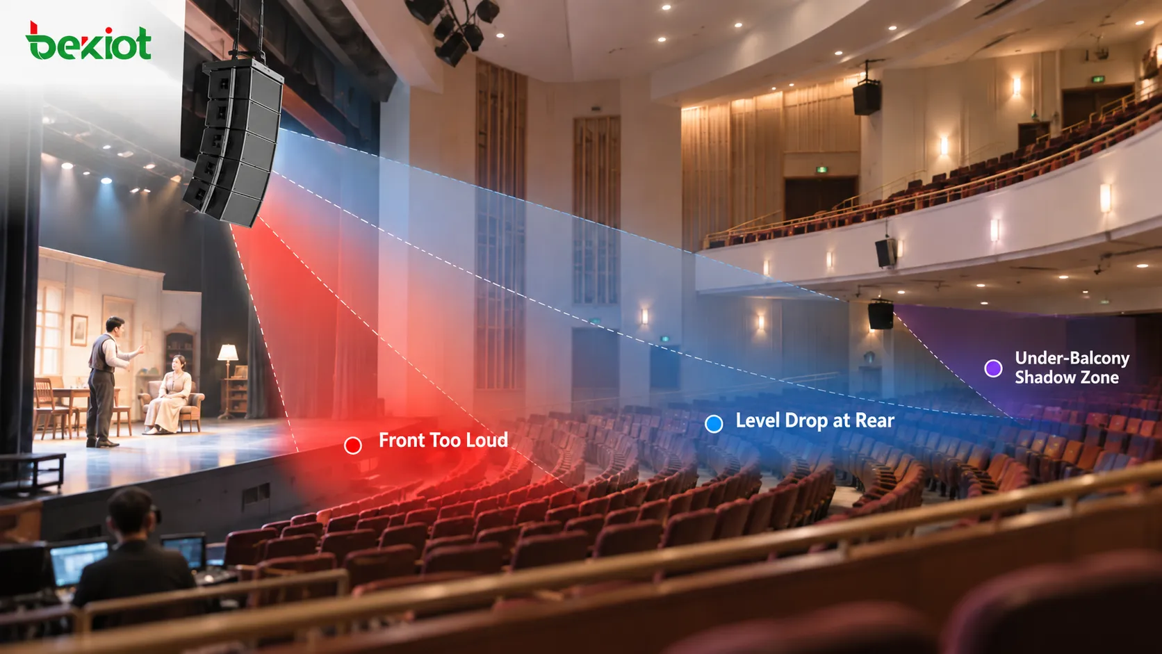 Sistema de PA de teatro mostrando como aumentar o SPL dos alto-falantes principais pode deixar o nível sonoro nas primeiras filas alto demais, enquanto balcões traseiros e áreas obstruídas continuam com cobertura ruim e menor inteligibilidade da fala