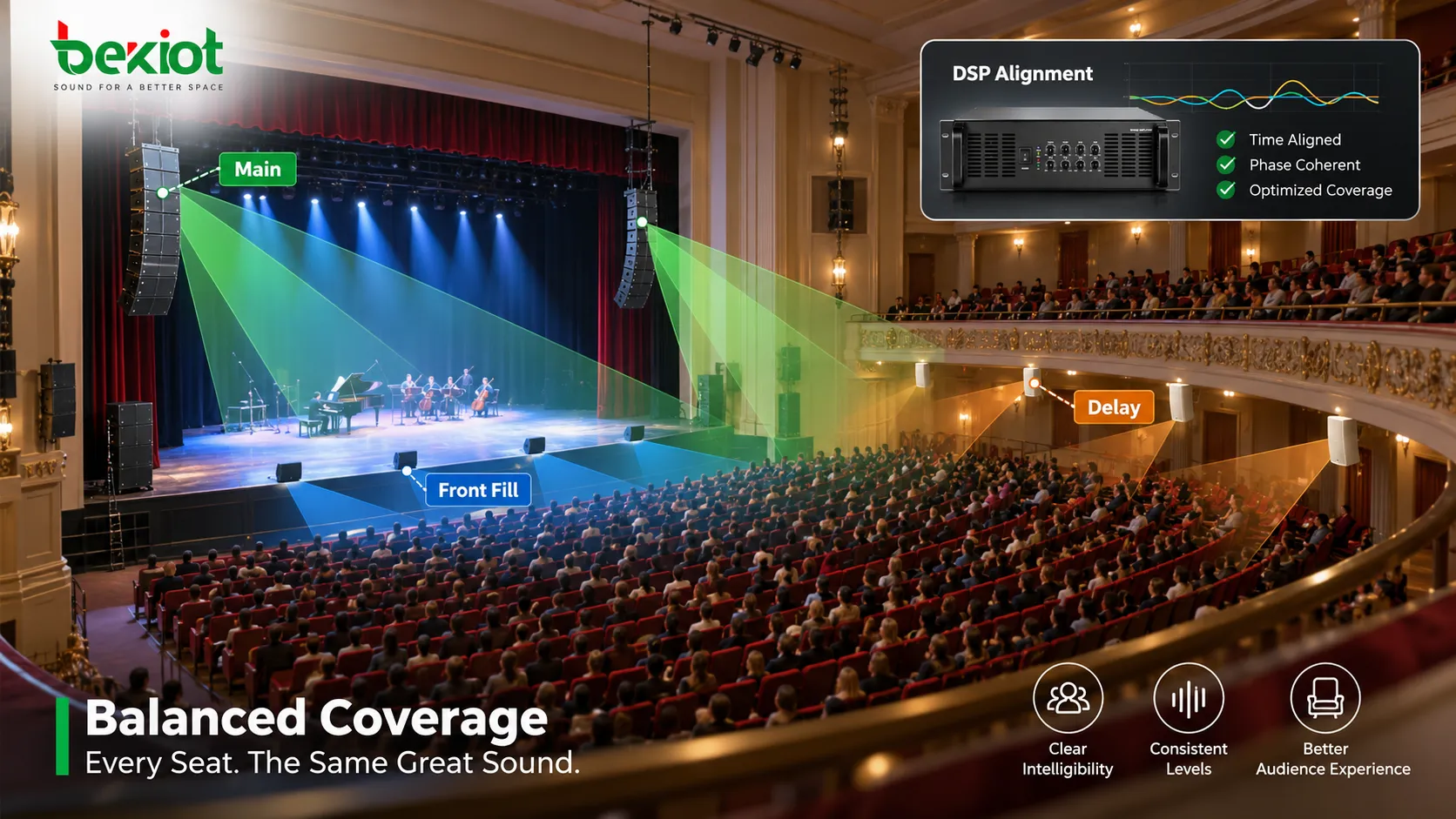PA de teatro usando line arrays principais para a cobertura primária, front fills para assentos próximos ao palco e alto-falantes de delay sob balcão para criar um campo sonoro contínuo e mais uniforme