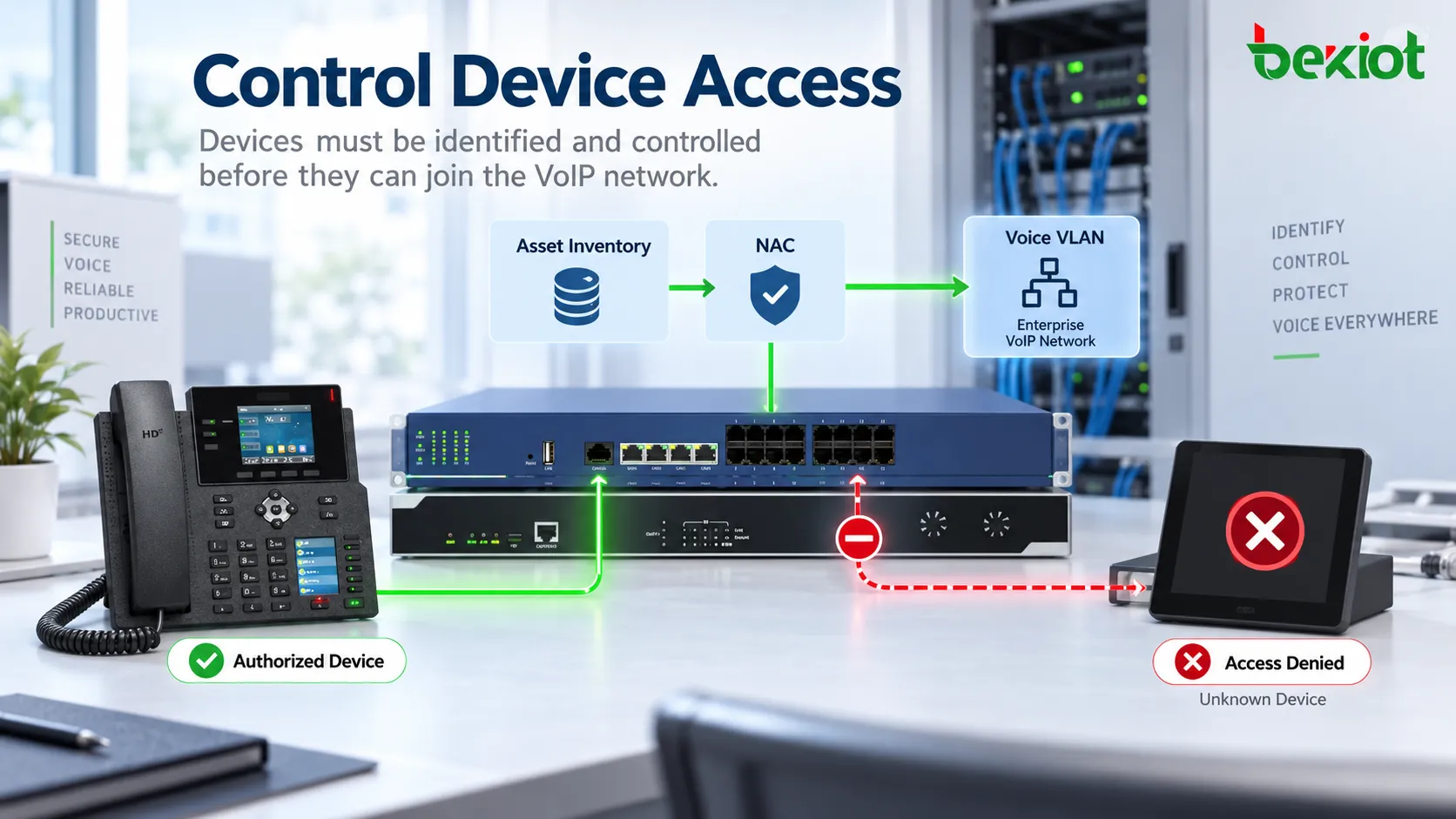 Rede de voz empresarial usando inventário de ativos, VLAN de voz, NAC e controles de portas de switch para impedir a conexão de telefones IP, ATAs e gateways VoIP não autorizados