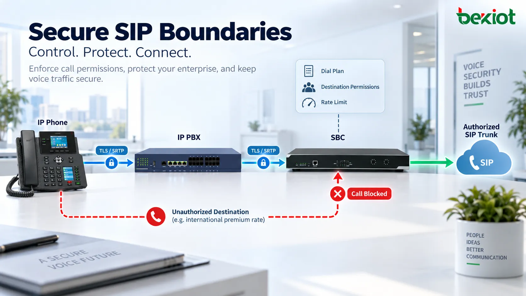 Segurança VoIP empresarial usando controles de SBC, planos de discagem, permissões de destino, roteamento de troncos SIP e limites de chamadas para restringir o tráfego de voz externo e reduzir o risco de fraude tarifária