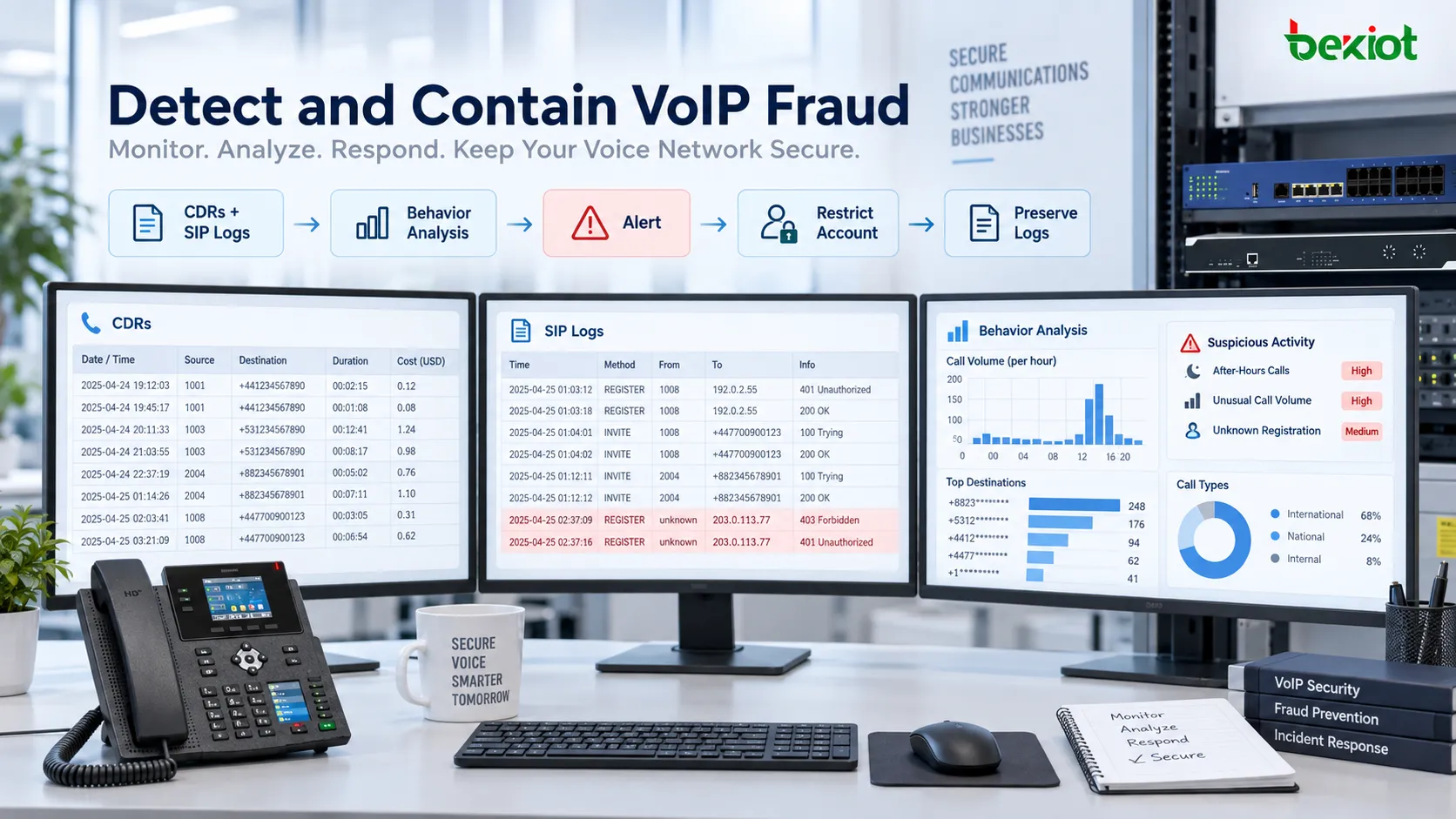 Plataforma de segurança VoIP que combina CDRs, logs SIP, análise comportamental e alertas de anomalias para detectar chamadas de alto risco e conter incidentes por meio de restrições de contas, logs forenses e procedimentos de resposta