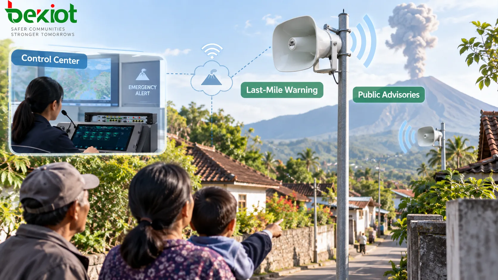 Comunidade próxima ao vulcão Kanlaon usando um centro de controle, rede por zonas e alto-falantes externos de sonorização para distribuir notificações de emergência, avisos públicos e instruções de resposta a desastres