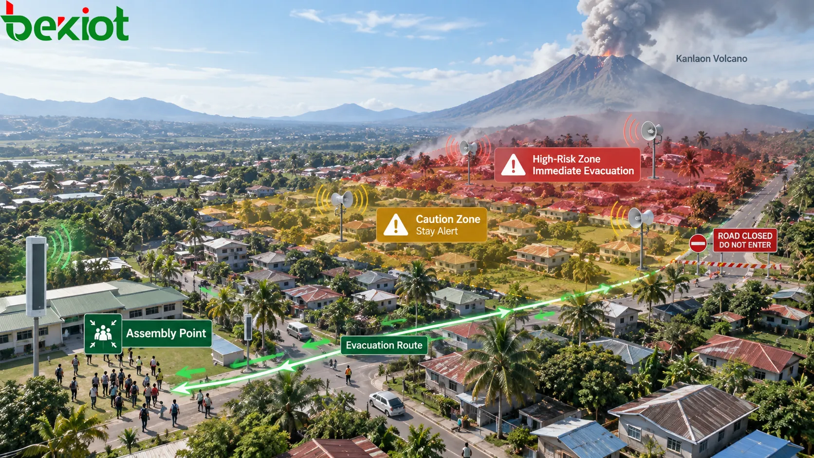 Sistema de PA de emergência que divide áreas de risco em zonas de sonorização e envia a diferentes comunidades alertas acionáveis, rotas de evacuação, pontos de reunião e restrições de vias