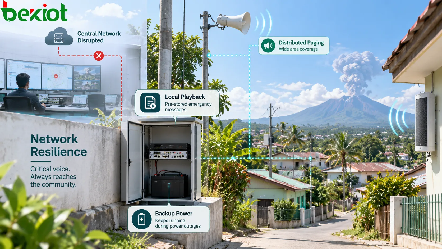 Sistema de PA de emergência para áreas vulcânicas e de desastres naturais que utiliza nós distribuídos de sonorização, mensagens de emergência armazenadas localmente, energia de reserva e caminhos de rede redundantes para manter transmissões críticas quando a rede central é interrompida