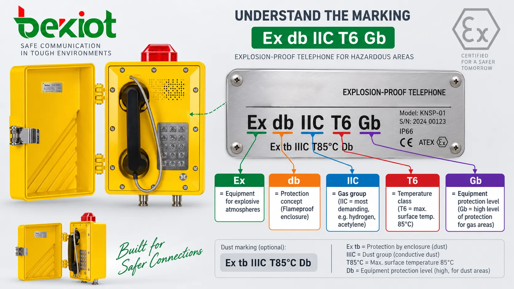 Placa de telefone à prova de explosão decompondo Ex db IIC T6 Gb em marca Ex, conceito de proteção, grupo de gases, classe de temperatura e nível de proteção do equipamento para verificação em áreas classificadas