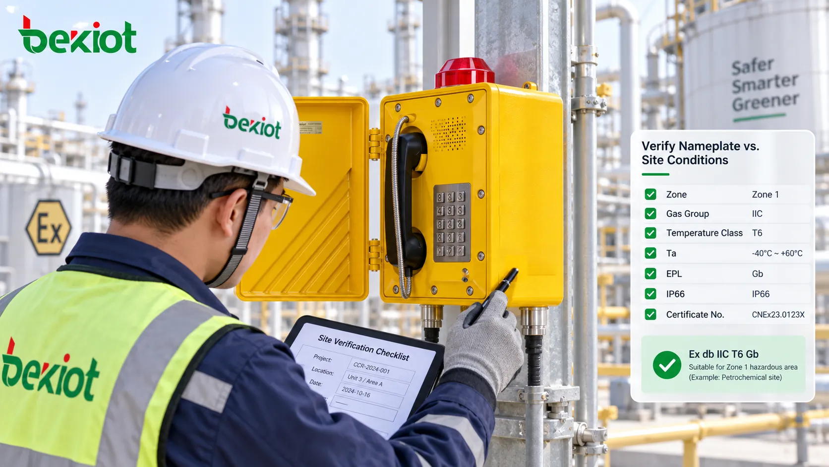 Engenheiro de área perigosa verificando a placa de um telefone à prova de explosão em relação a Zone, grupo de gases, classe de temperatura, temperatura ambiente, EPL e número do certificado, em vez de verificar apenas IIC T6 ou IP66
