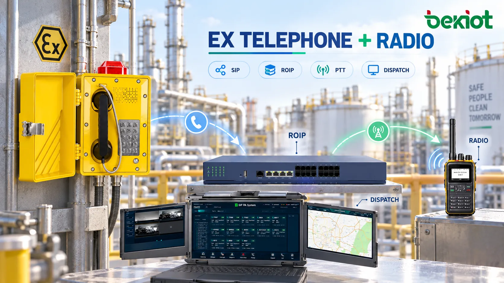 Comissionamento de telefone à prova de explosão e sistema de despacho de rádio RoIP, testando chamadas de telefone para rádio, áudio de retorno do rádio, temporização PTT, estado de rádio ocupado, gravação bidirecional, comutação de contingência da rede e qualidade de voz em condições de campo com alto ruído