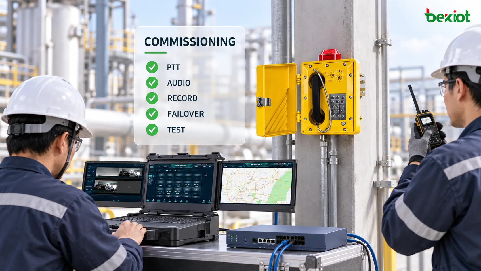 Planta industrial existente que mantém telefones analógicos à prova de explosão e rádios legados, usando gateway de voz FXS e gateway RoIP para integrá-los a uma plataforma SIP de despacho unificada