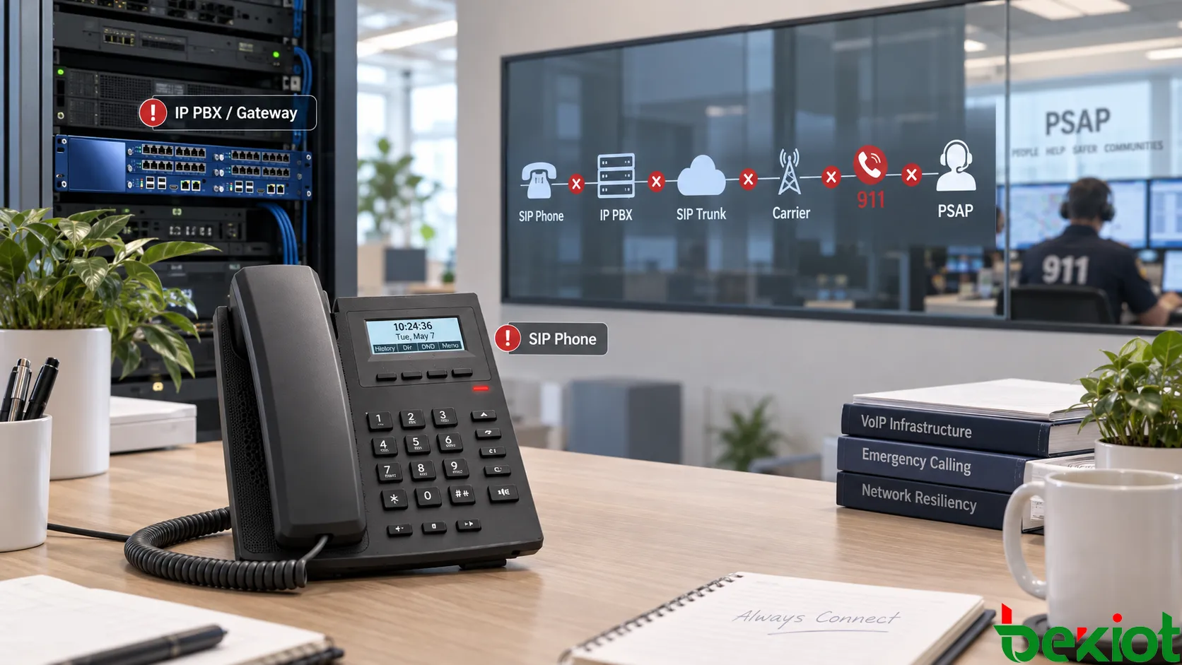 Caminho de ponta a ponta de uma chamada de emergência VoIP, do telefone SIP, rede corporativa, IP PBX e tronco SIP, passando pela operadora e pelo roteamento 911 até um PSAP, mostrando domínios de falha separados no ambiente local, na operadora e nos serviços de emergência