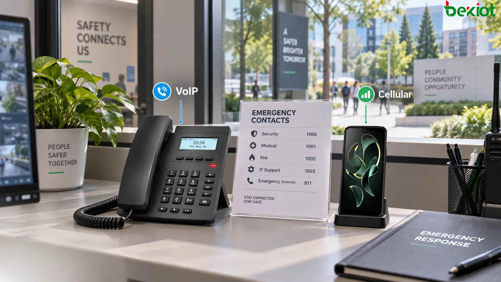 Arquitetura de chamadas de emergência VoIP com múltiplos caminhos, usando voz SIP principal, serviço celular independente, operadoras alternativas, telefonia fixa de contingência e números locais de emergência, reduzindo pontos de falha compartilhados