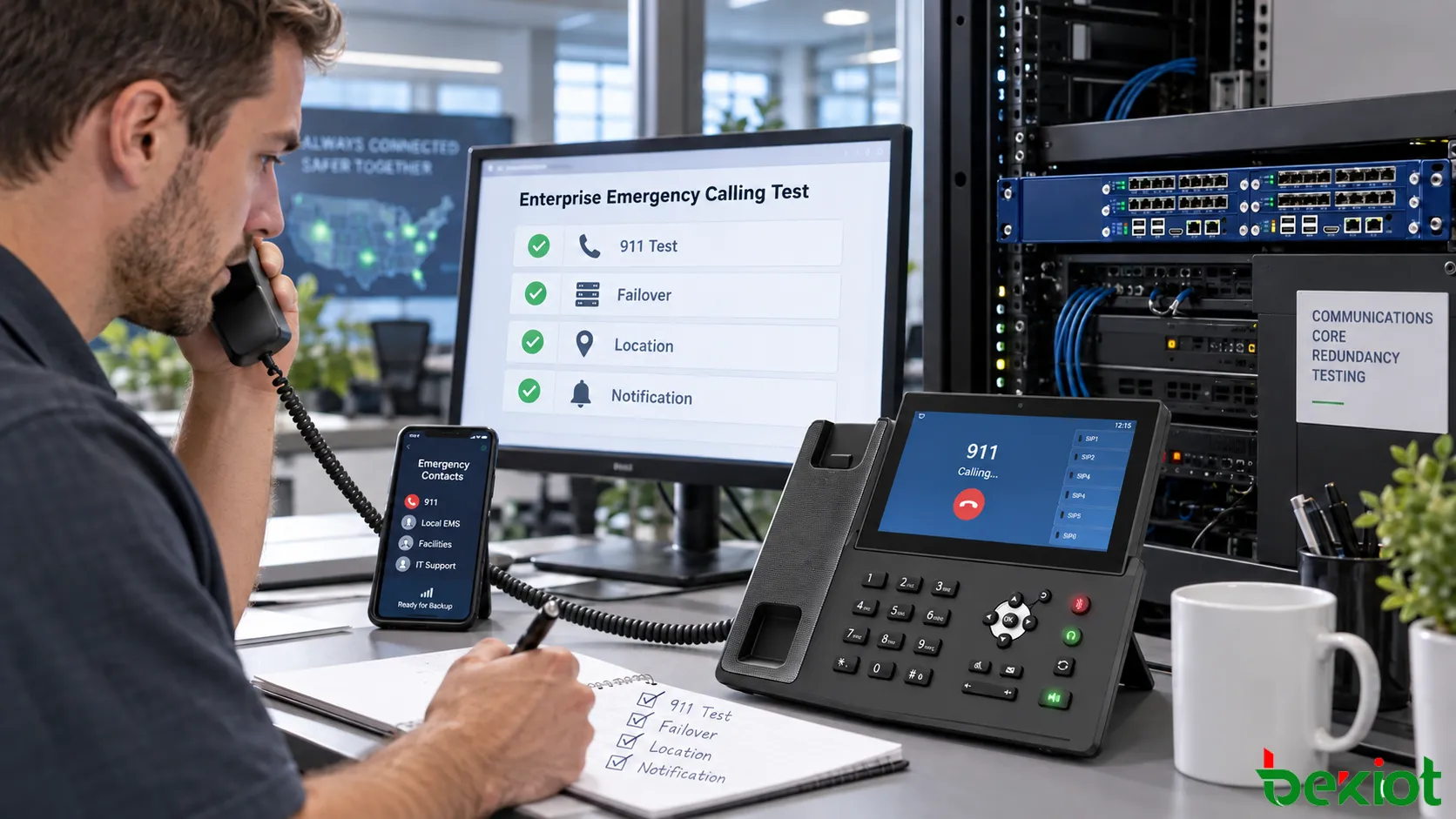 Teste de aceitação de chamadas de emergência VoIP corporativas cobrindo localização de emergência, roteamento 911, operadoras alternativas, WAN de contingência, comutação por falha do servidor SIP, números alternativos de emergência e notificação interna à segurança