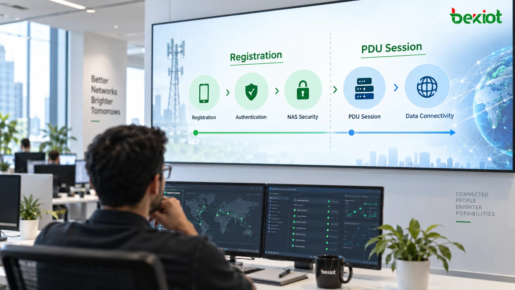 Limite funcional entre o registro no 5GC e o estabelecimento da sessão PDU, em que o UE primeiro conclui identidade, autenticação e registro por meio do AMF antes de estabelecer uma sessão de dados do usuário em direção à rede de dados por meio do SMF e do UPF