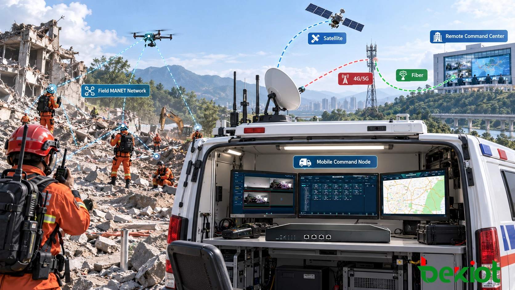Rede MANET de campo conectando rádios portáteis, veículos, câmeras e UAVs a um nó de comando móvel, com backhaul separado por 4G, 5G ou satélite conectando a rede de campo a um centro de comando remoto