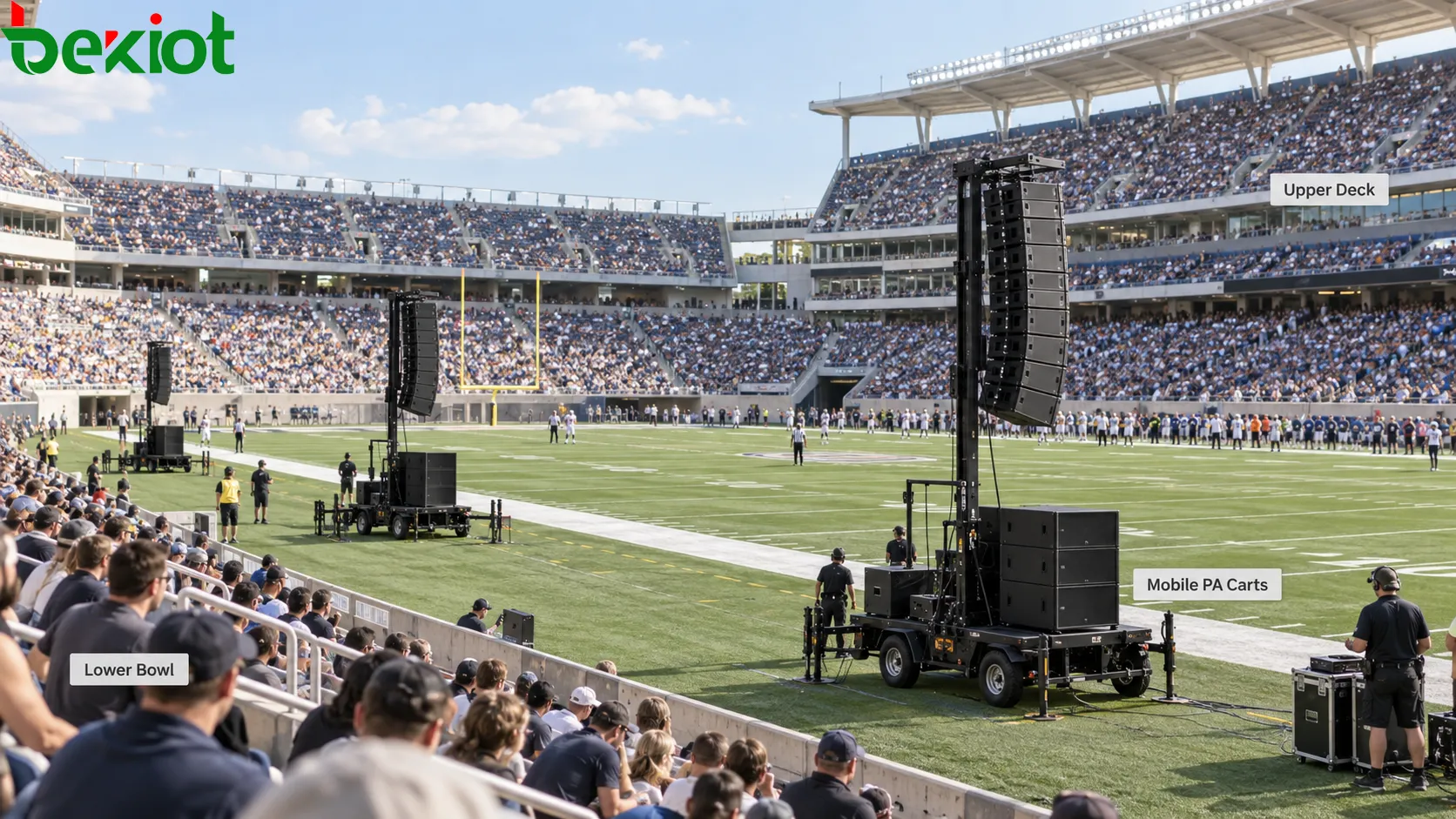 PA temporário do Super Bowl usando carrinhos móveis com line arrays e subwoofers posicionados ao redor de um campo a céu aberto para fornecer cobertura de entretenimento às arquibancadas inferiores e superiores