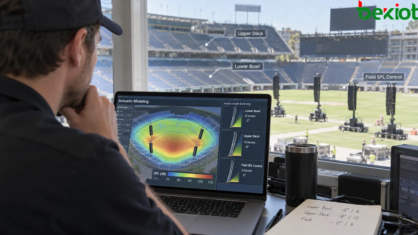 PA temporário de estádio usando modelagem acústica para ajustar o comprimento e o apontamento vertical de line arrays móveis para arquibancadas inferiores, superiores e assentos distantes, ao mesmo tempo em que controla SPL excessivo no campo
