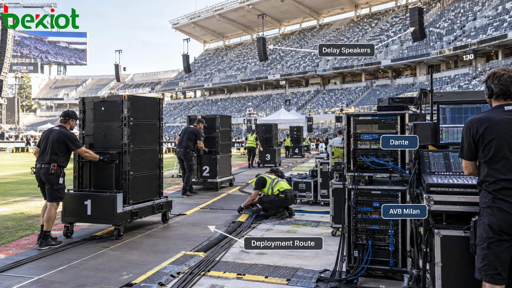 PA móvel para grandes eventos usando áudio em rede Dante e AVB Milan para conectar carrinhos temporários, controladores amplificados, consoles de mixagem e alto-falantes de delay instalados no estádio, seguindo rotas predefinidas de implantação e retirada rápidas