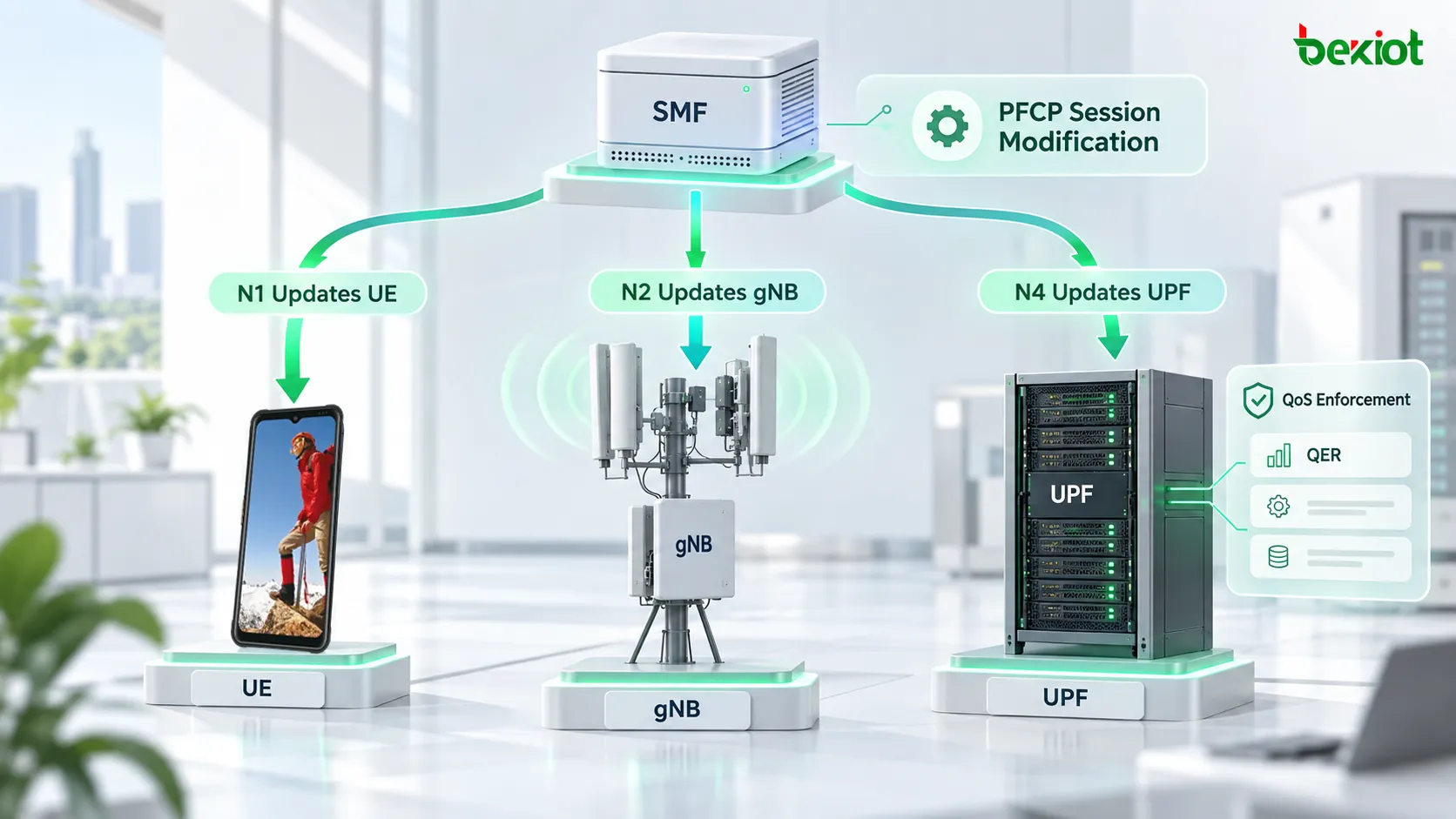 Modificação de sessão PDU no 5GC usando N1 para atualizar os parâmetros de QoS do UE, N2 para modificar os recursos de fluxo de QoS do gNB e N4 PFCP Session Modification para atualizar o QER e outras regras de aplicação do plano de usuário no UPF
