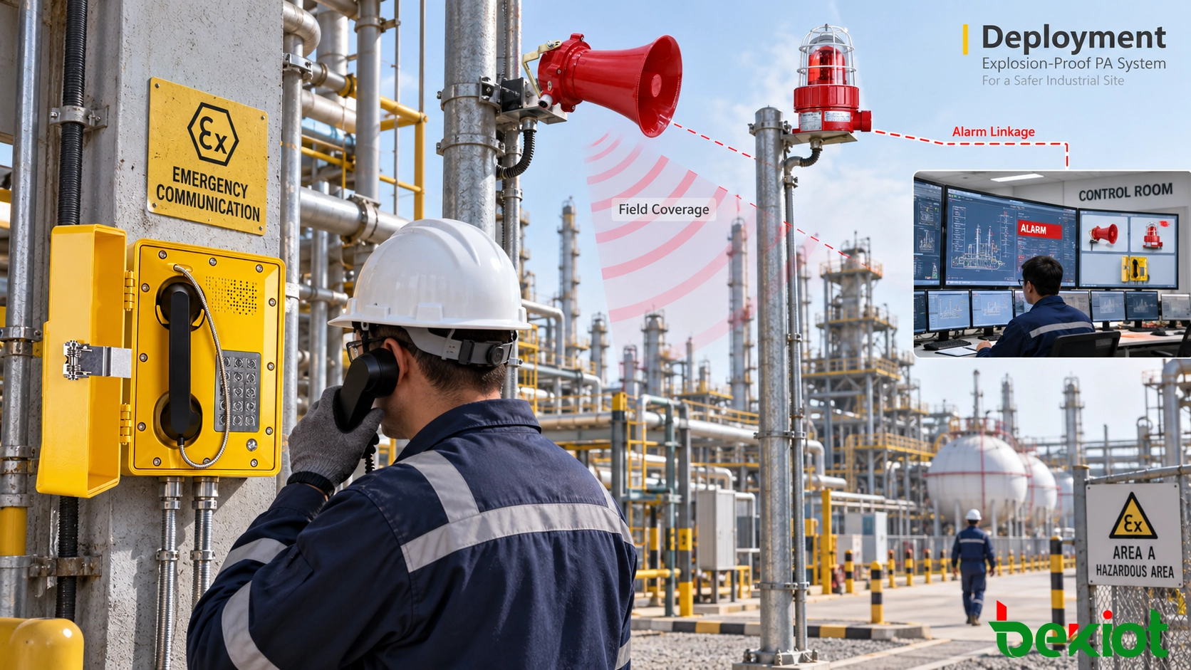 Fluxo de engenharia de um sistema PA à prova de explosão abrangendo seleção de equipamentos para áreas perigosas, posicionamento em campo, integração de alarmes e implantação na sala de controle