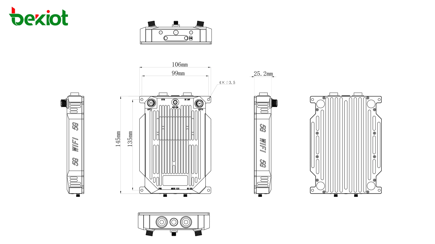Dimensões do módulo aerotransportado SDR MANET MAB82: 145 × 106 × 33 mm