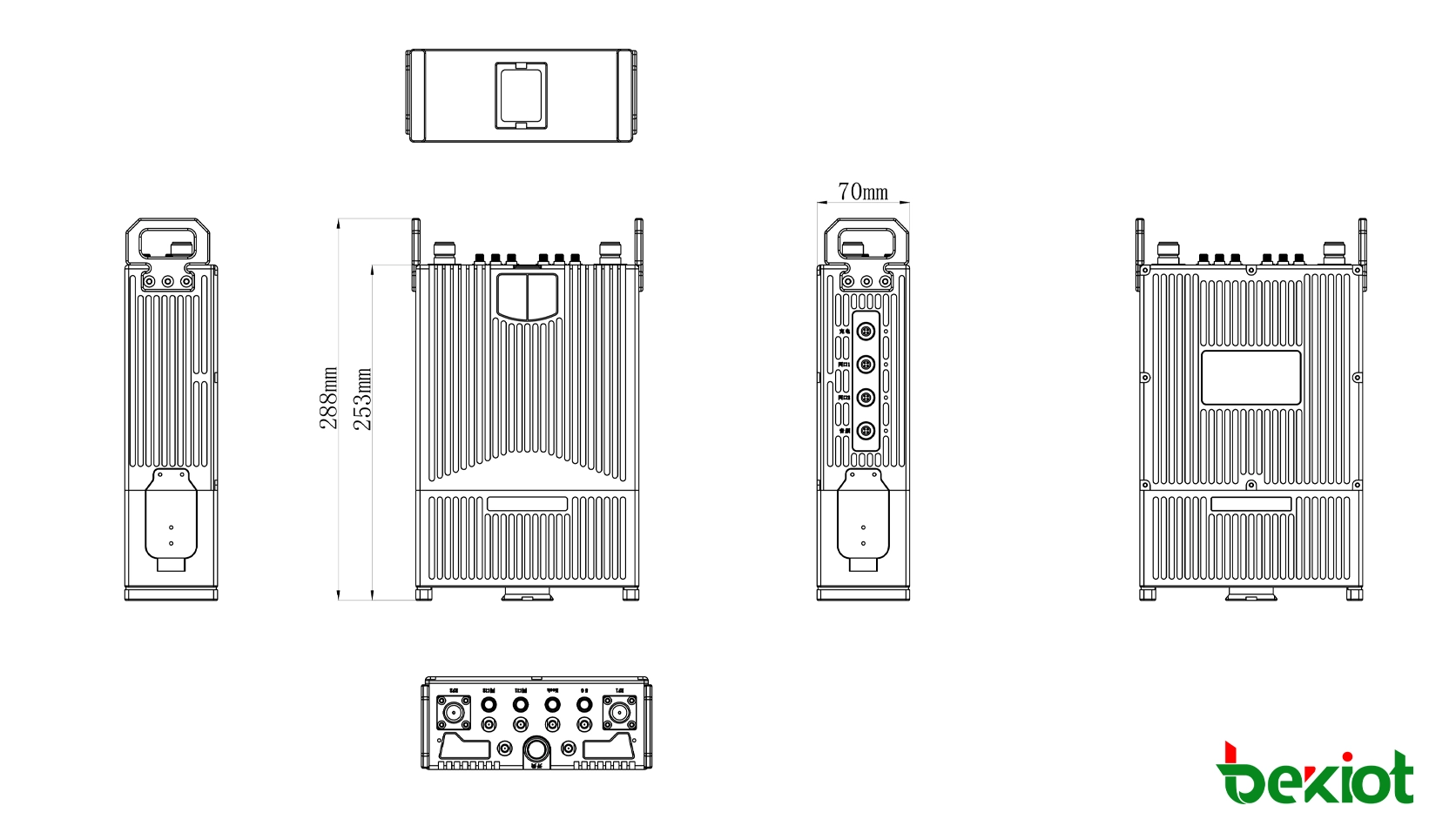Dimensões da estação base SDR MANET MEB92 de alta potência tipo mochila: 288 × 174 × 70 mm