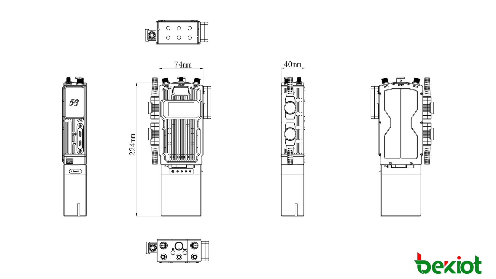 Dimensões do rádio portátil SDR MANET MEB83: 224 × 74 × 40 mm