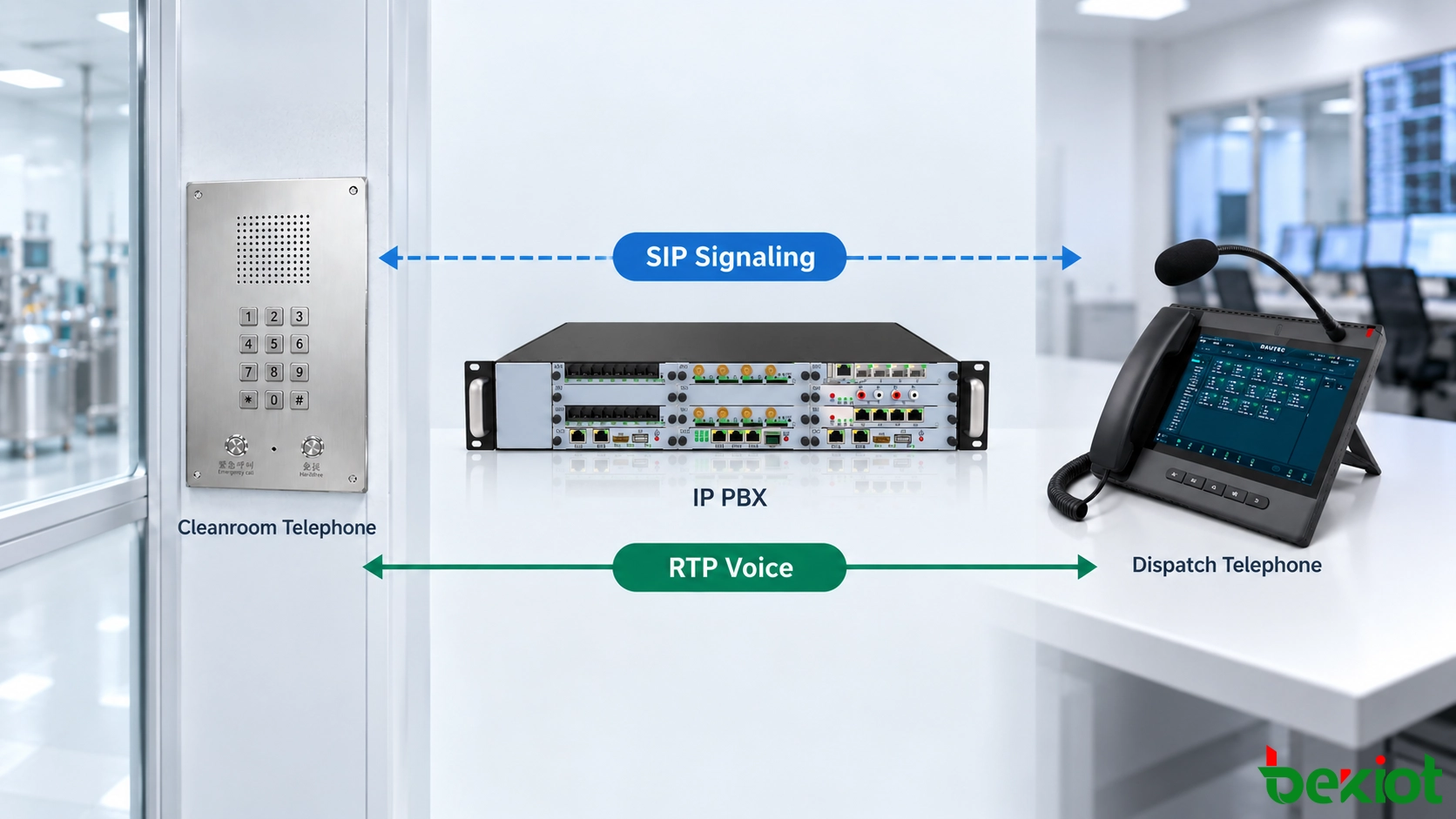 Caminhos de sinalização SIP e mídia de voz RTP entre um telefone para sala limpa, PBX IP e telefone de despacho