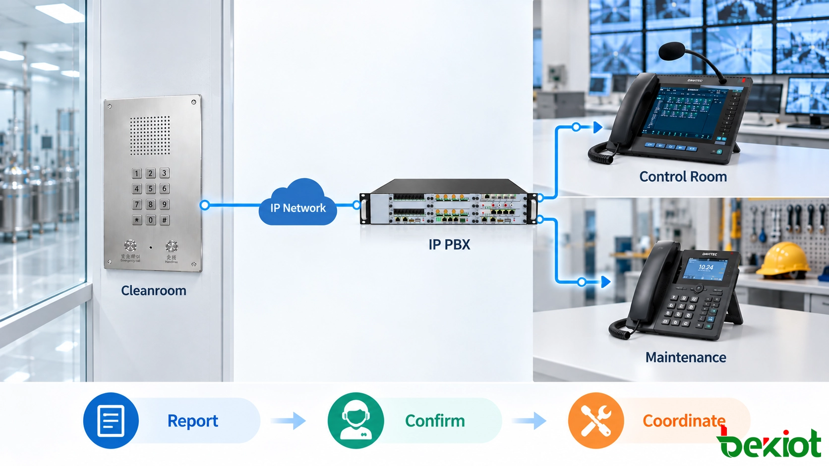 Telefone SIP para sala limpa comunicando-se com a sala de controle e manutenção através do PBX IP