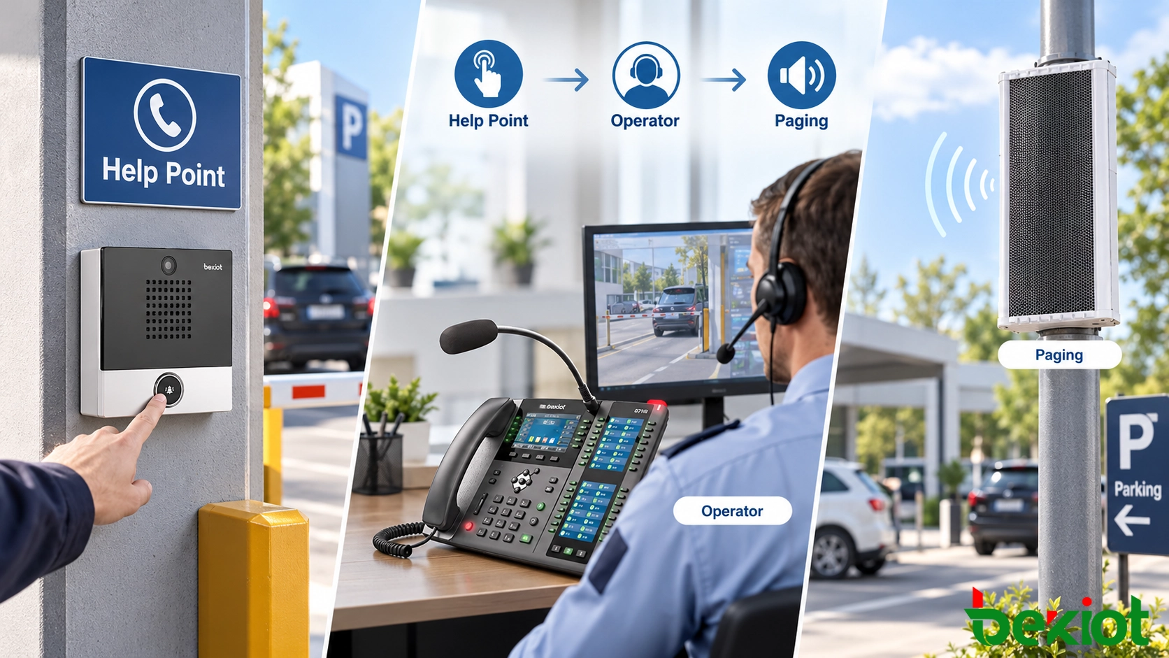 Comunicação IP no local integrando assistência em estacionamentos, interfone de entrada, telefones industriais e sonorização SIP por zonas à sala de controle